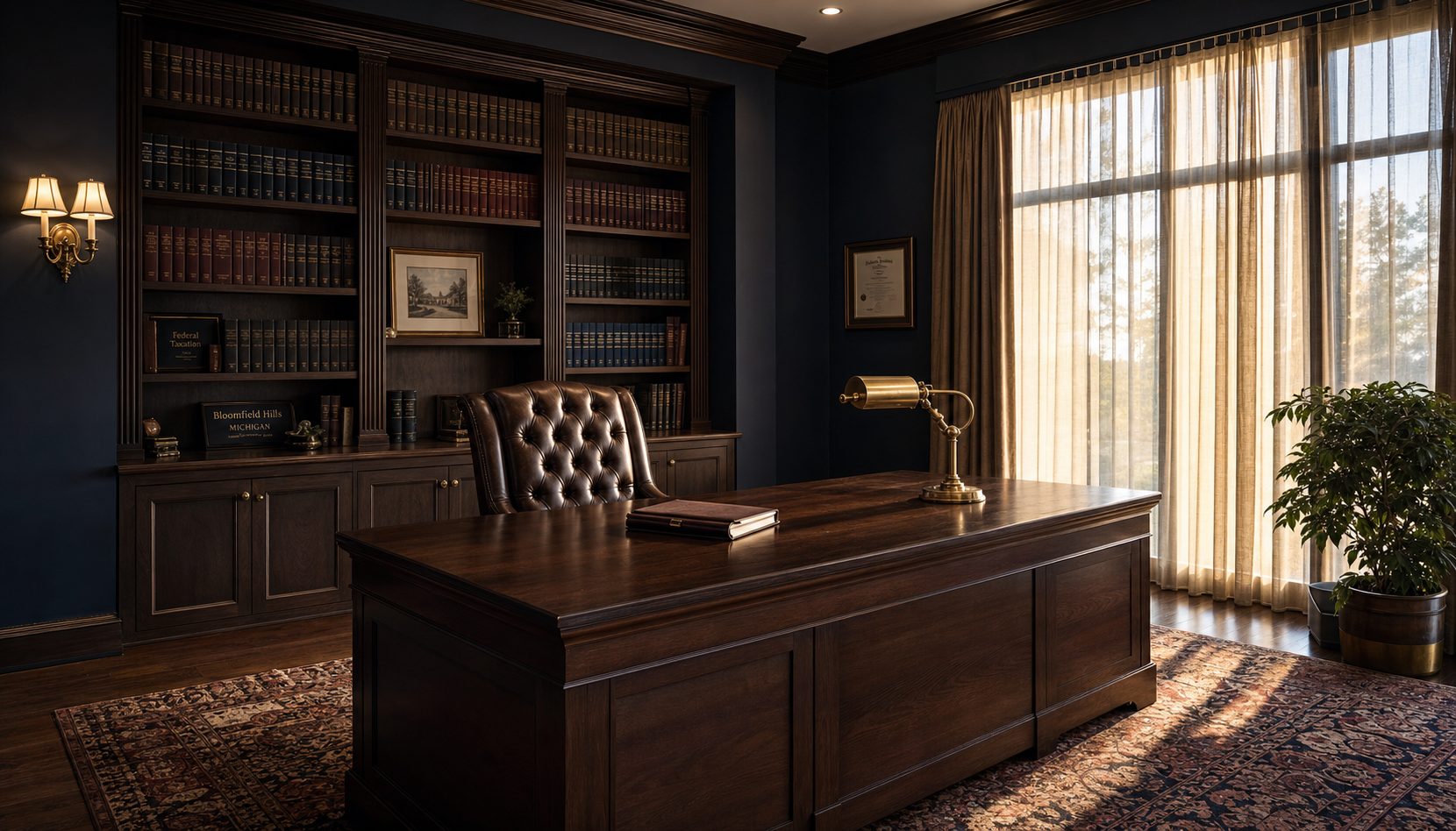 Quiet executive office with dark walnut desk, leather chair, navy walls and warm late-afternoon light through tall windows